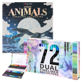 Set Carte de Colorat Antistres Mandala Animals + Trusă 72 Carioci cu Vârfuri Duble - 48 pagini, 140 g/m², Finelinere 0.4 mm + tip Pensulă 1.2 mm
