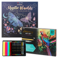 Set Carte de Colorat Antistres Mandala Mystic Worlds + Trusă 23 Creioane, Carioci, Finelinere, Pixuri Gel - 48 pagini, 140 g/m²