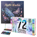 Set Carte de Colorat Antistres Mandala Mystic Worlds + Trusă 72 Carioci cu Vârfuri Duble - 48 pagini, 140 g/m², Finelinere 0.4 mm + tip Pensulă 1.2 mm