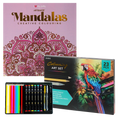 Set Carte de Colorat Antistres Mandala + Trusă 23 Creioane, Carioci, Finelinere, Pixuri Gel - 48 pagini, 140 g/m²