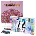 Set Carte de Colorat Antistres Mandala + Trusă 72 Carioci cu Vârfuri Duble - 48 pagini, 140 g/m², Finelinere 0.4 mm + tip Pensulă 1.2 mm