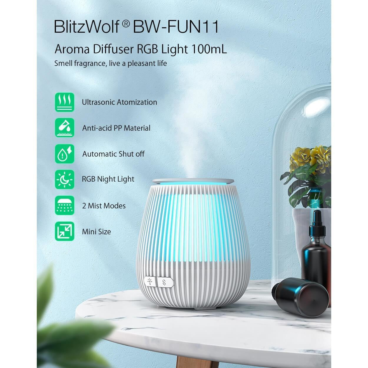Difuzor Aromaterapie BlitzWolf BW-FUN11 - Ultrasonic Atomization 100ml pana la 8 ore LED in 7 culori Inchidere automata - 5907489604826