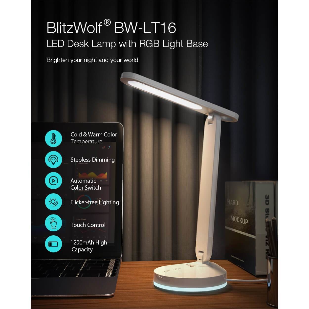 Lampa de birou LED BlitzWolf BW-LT16 - 1200 mAh Lumina Calda & Rece Reglabila Baza RGB Protectie Ochi - 5907489601634 - 6