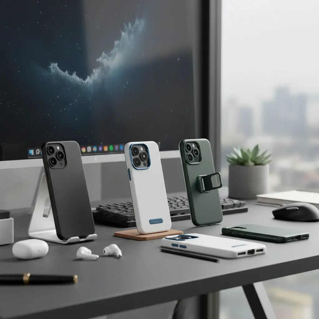 Professional illustration for article about Huse iPhone: Protecție Premium și Stil la Birou