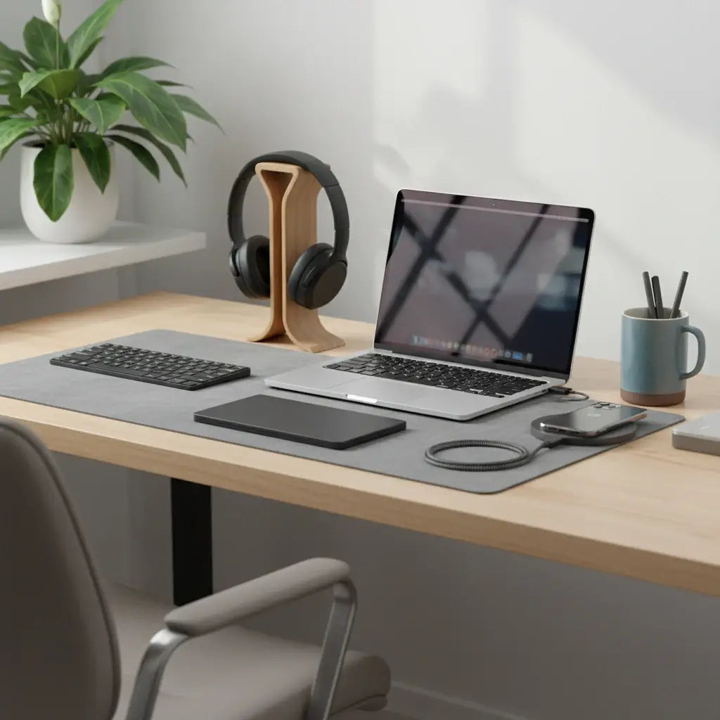 Professional illustration for article about Top 5 Accesorii pentru un Work-From-Home Eficient