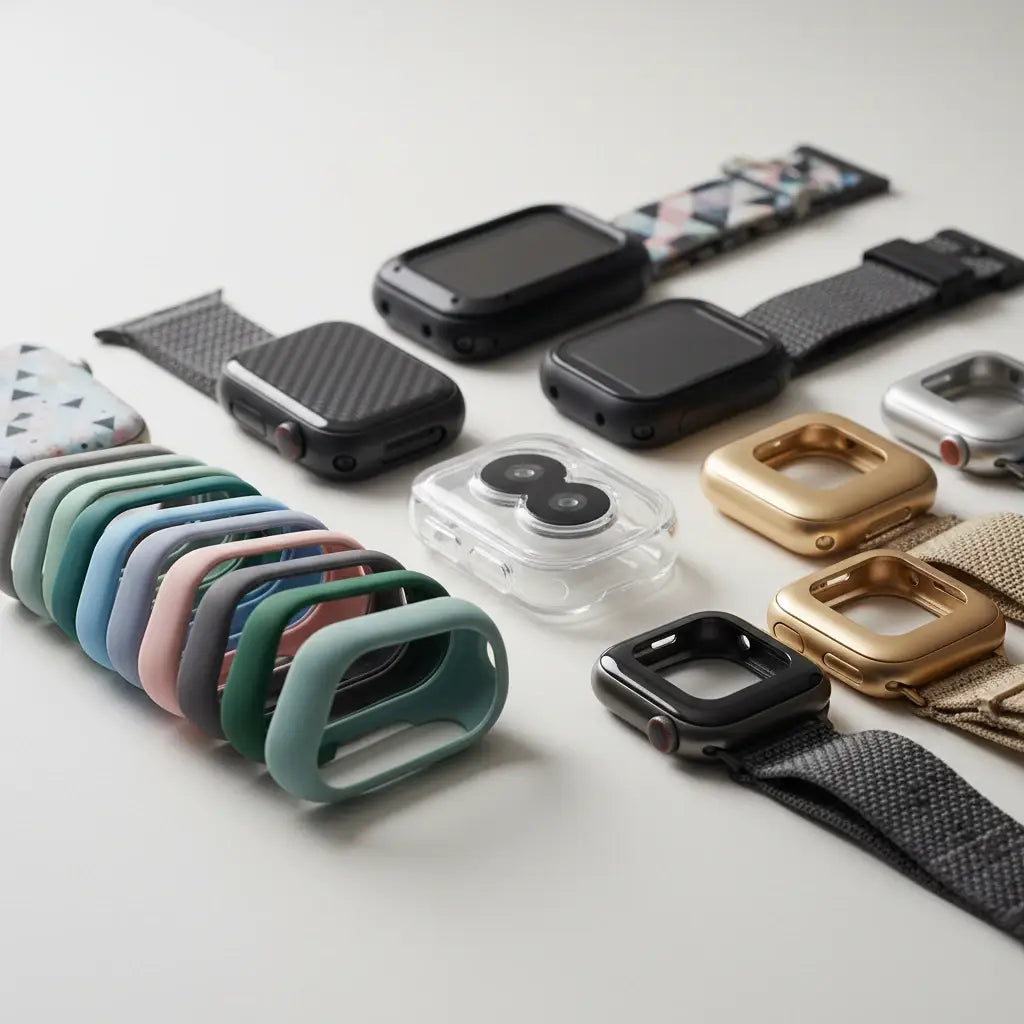 O varietate de carcase pentru Apple Watch, prezentând diferite materiale, culori și stiluri, de la huse transparente din silicon la carcase metalice elegante.