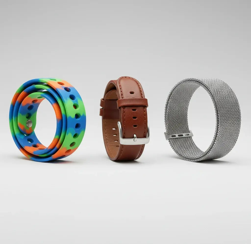 Comparație vizuală a diferitelor tipuri de curele pentru Apple Watch: o curea sport din silicon colorat, o curea elegantă din piele maro și o brățară metalică tip Milanese loop.