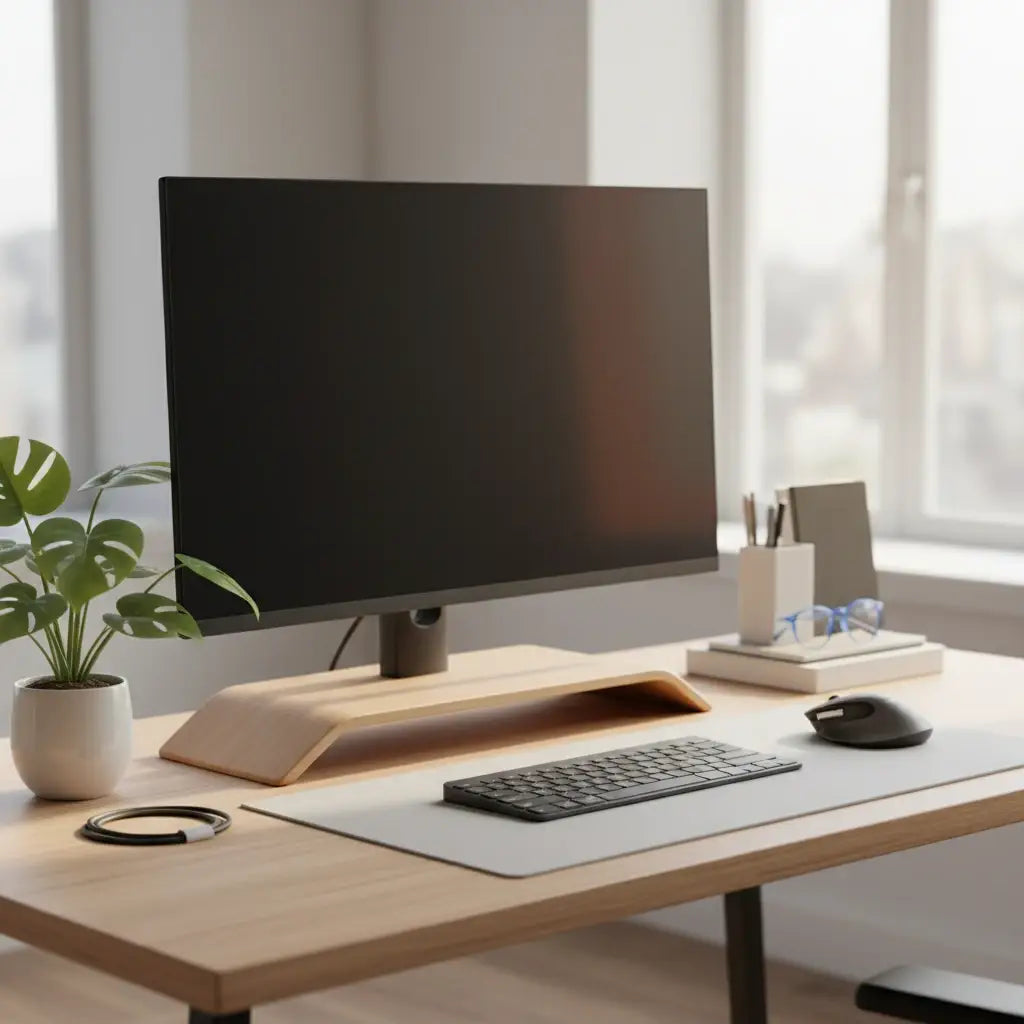 Un setup de birou ergonomic modern, cu monitor ridicat pe un suport, tastatură și mouse wireless, plantă decorativă și accesorii ordonate.
