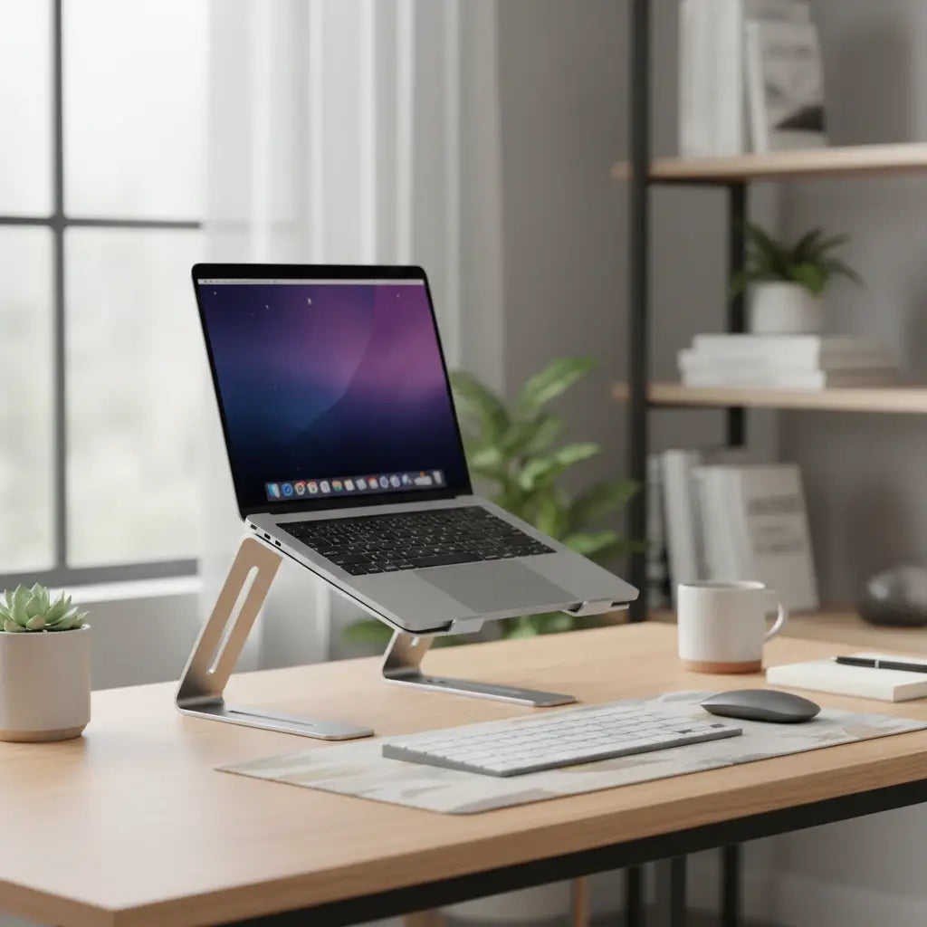 Un suport metalic pentru laptop, așezat pe un birou, cu laptopul poziționat la nivelul ochilor pentru o postură ergonomică.