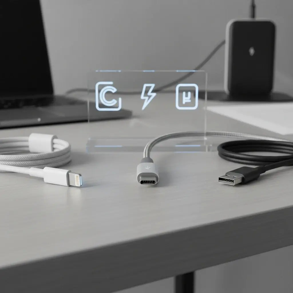 Professional illustration for article about Ghid cabluri: USB-C vs. Lightning vs. Micro-USB