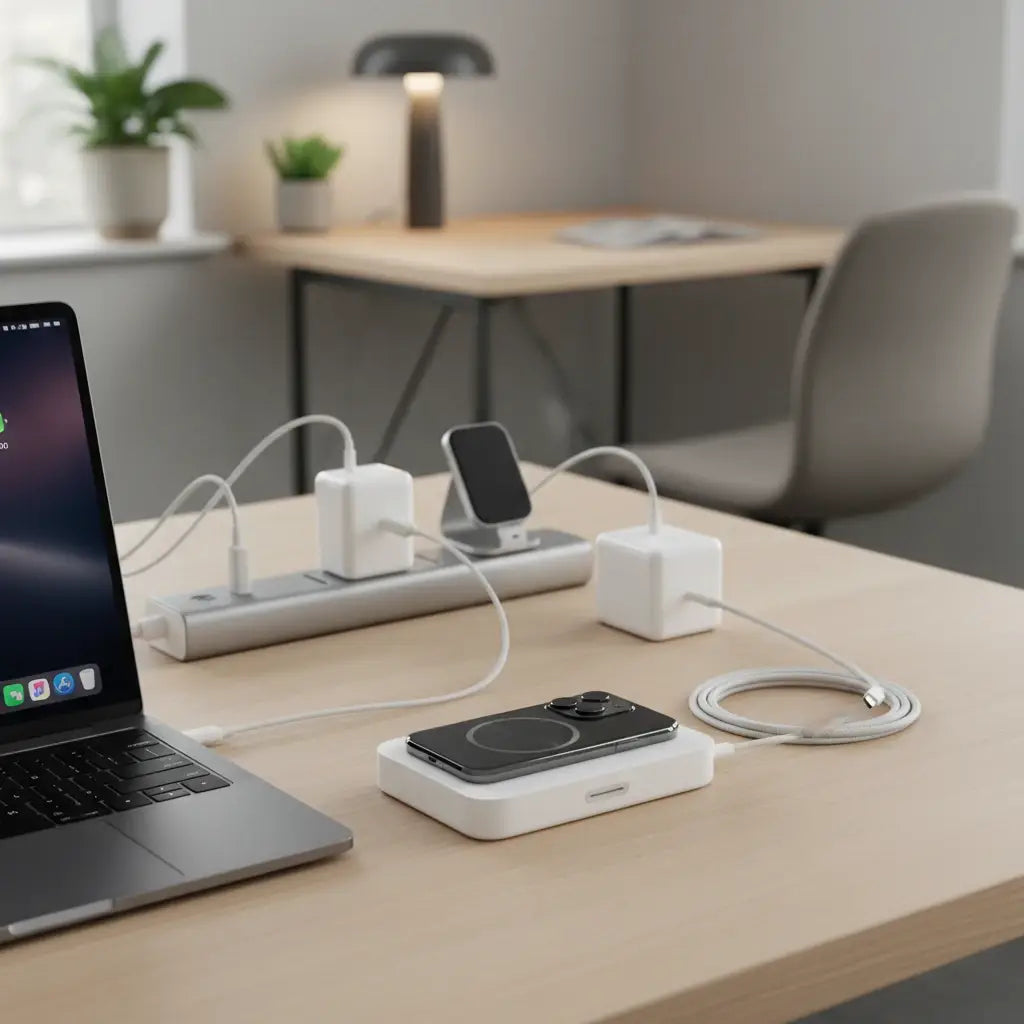 Professional illustration for article about Încărcătoare Apple: Ghidul Esențial pentru Birou