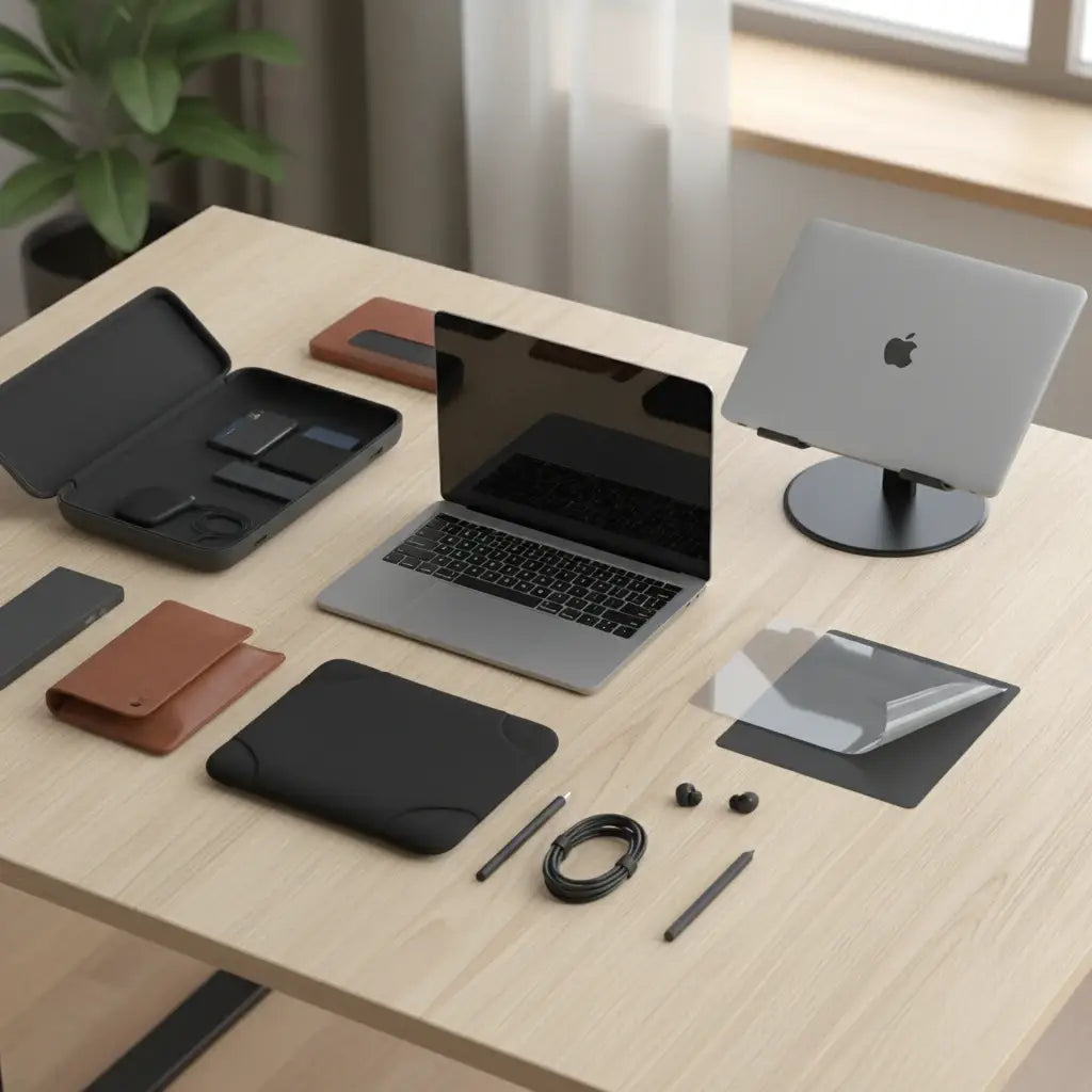 Professional illustration for article about Protejează-ți MacBook-ul: Ghid huse și accesorii