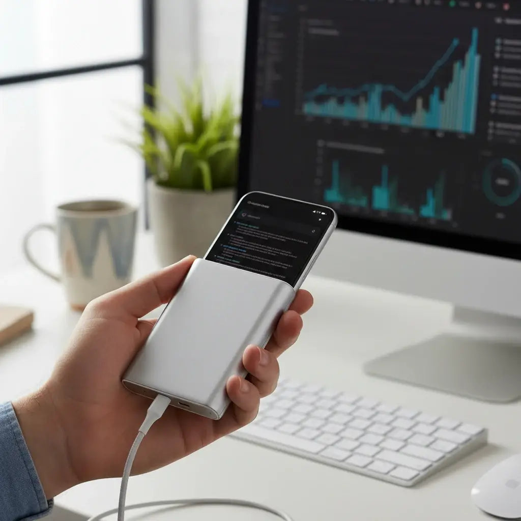 O mână ține un power bank compact argintiu, conectat la un smartphone deschis, cu un fundal blurat de birou modern.