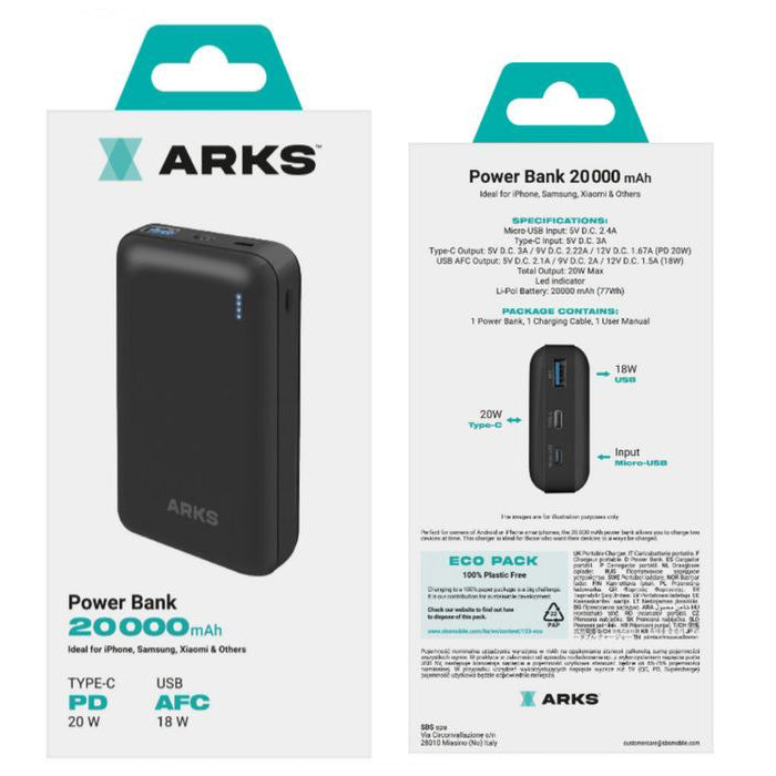 Baterie Externa Arks 20000 mAh - 20W 1 x USB USB-C Power Delivery micro-USB - Black - ARBB20000PD20WK - 8018417415685 - 2