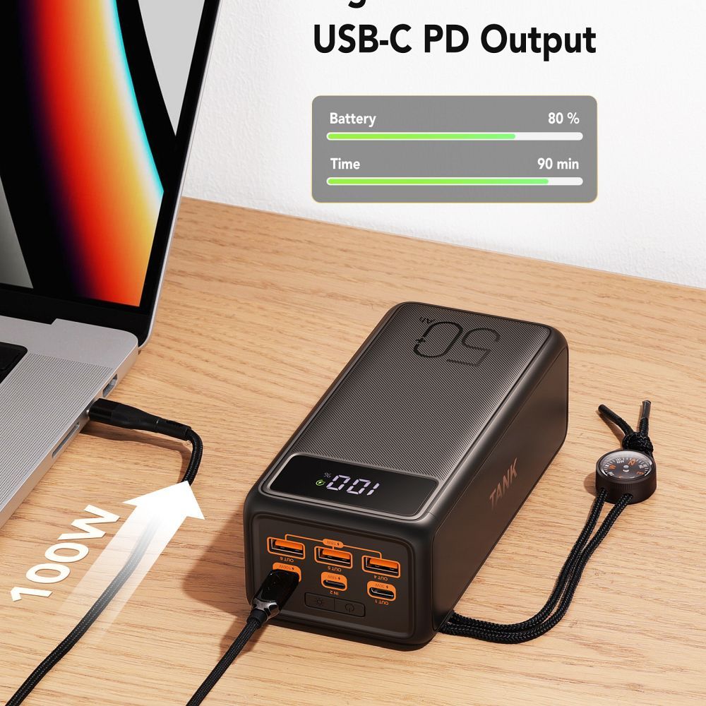 Baterie Externa Veger Tank Boost W5001C 56000 mAh - 100 W + 30 3 x USB 2 USB-C 1 Lightning PD QC Lanterna LED Display Digital Busola