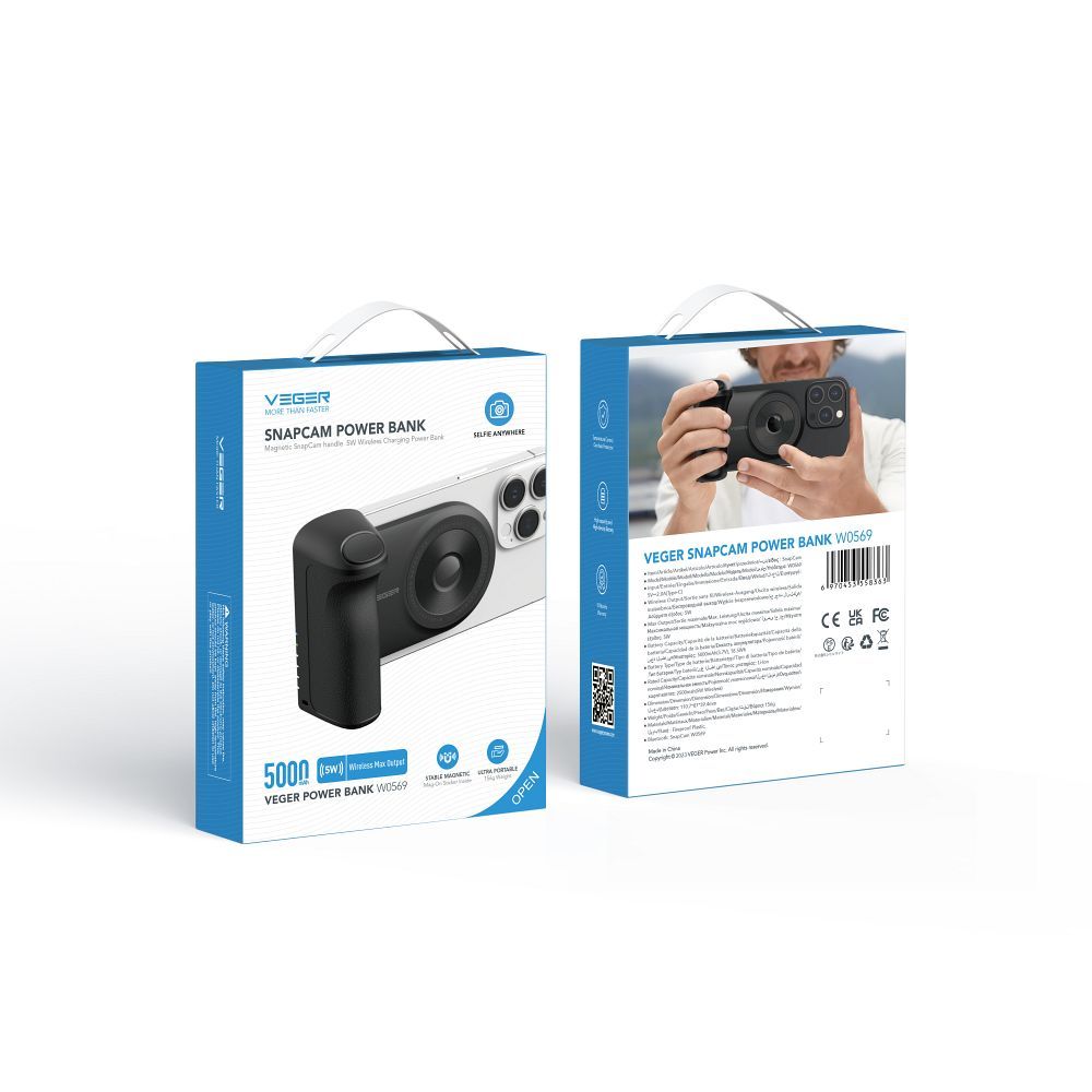 Baterie Externa Wireless MagSafe Veger SnapCam 5000 mAh - 5 W 20 PD QC 3.0 Maner cu Buton pentru Poze - Black - W0569 - 6970453558363 - 16