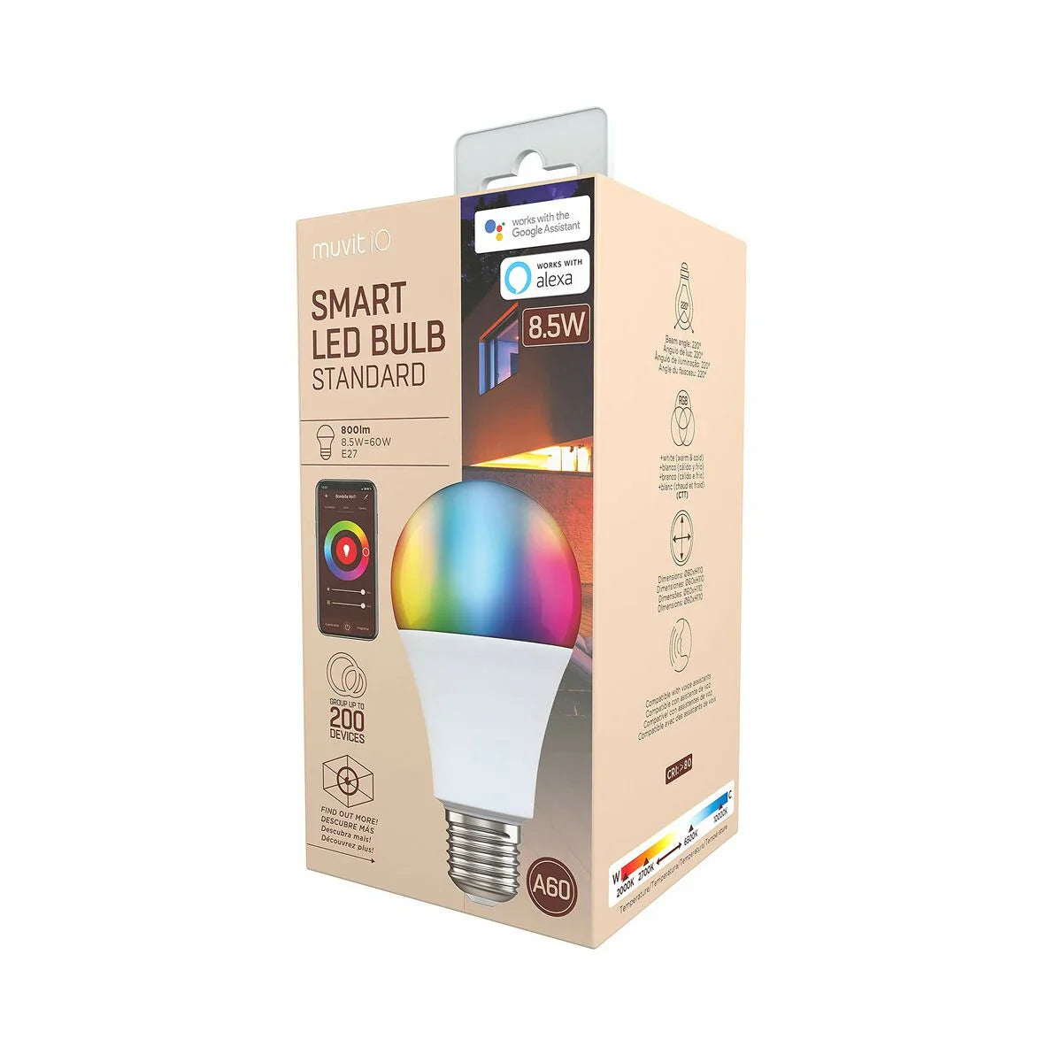 Bec Smart Muvit iO MIOBULB008 E27 RGB & Alb - 8.5W 800lm 2700-6500K Reglabil Control App Vocal Alexa Google Timer - 8426801157743 - 4