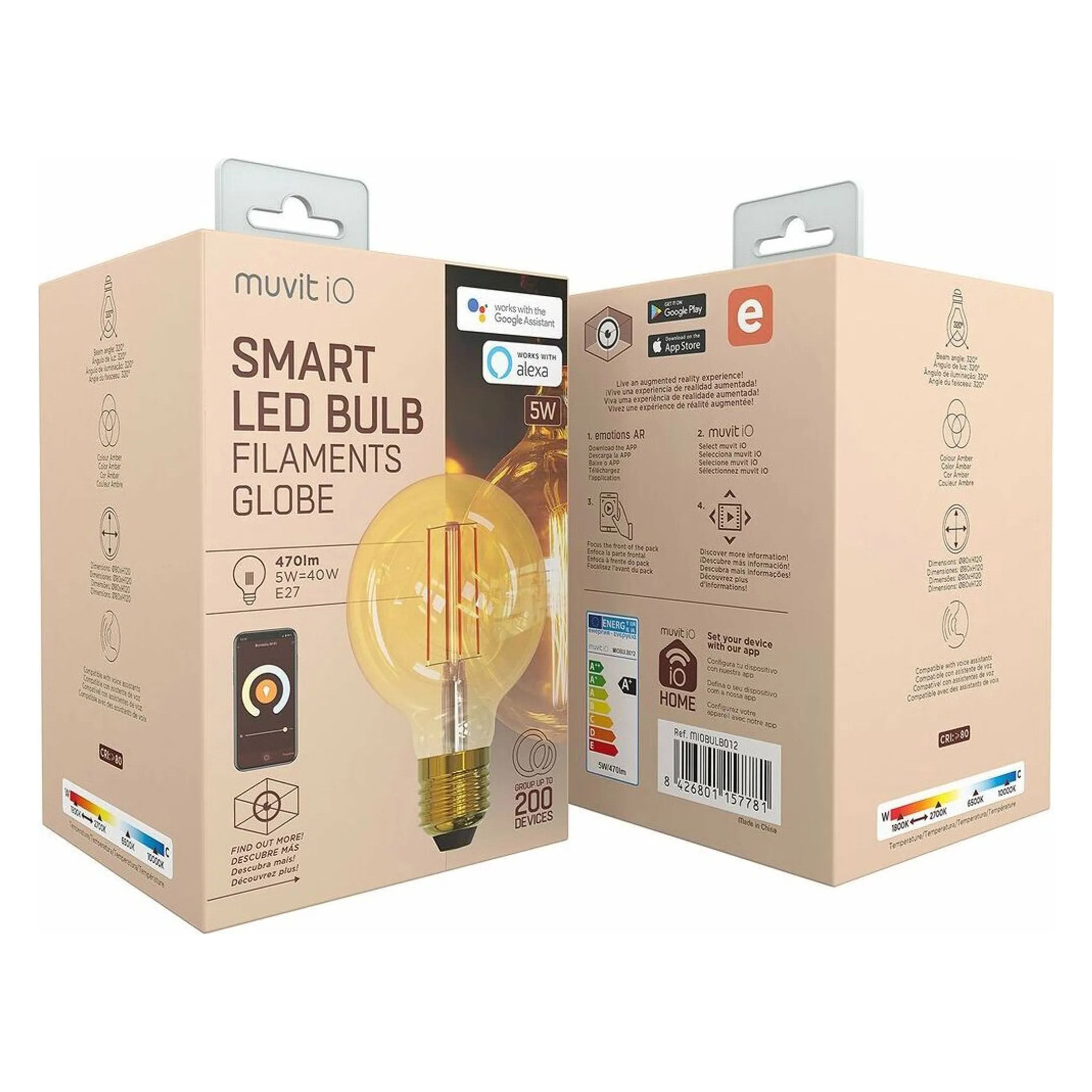 Bec Smart Muvit iO MIOBULB012 E27 Amber - 5W 470lm 1800-2700K Reglabil Control App & Vocal Alexa Google Timer - 8426801157781 - 4