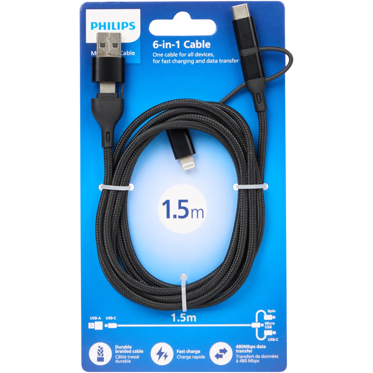 Cablu Incarcare & Date 6-in-1 Philips USB / USB-C la / Lightning / Micro-USB 1.5m Nylon Brodat - DLC1042T/10 - 4895229168725 - 1