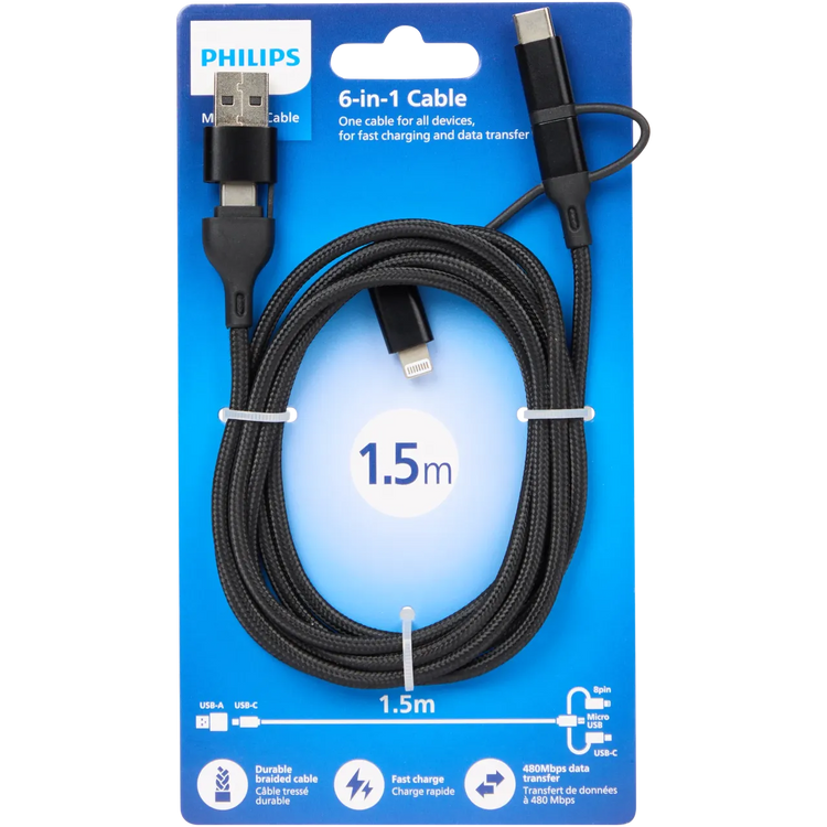 Cablu Incarcare & Date 6-in-1 Philips USB / USB-C la / Lightning / Micro-USB 1.5m Nylon Brodat - DLC1042T/10 - 4895229168725 - 1