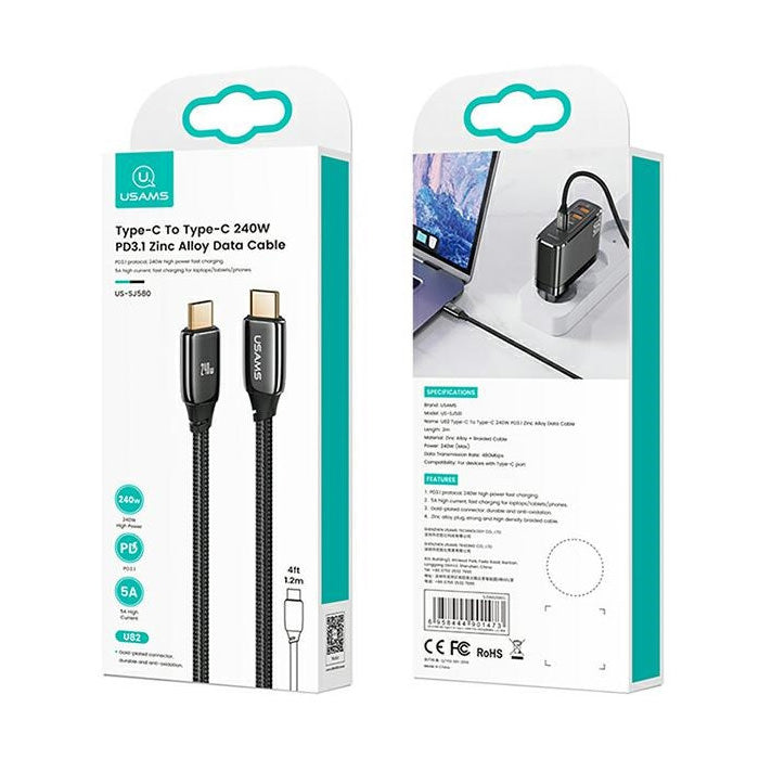 Cablu Incarcare & Date USB-C la USAMS U82 - 240W Power Delivery 3.1 5A Nylon Brodat - SJ580USB01 - 6958444901473 - 12
