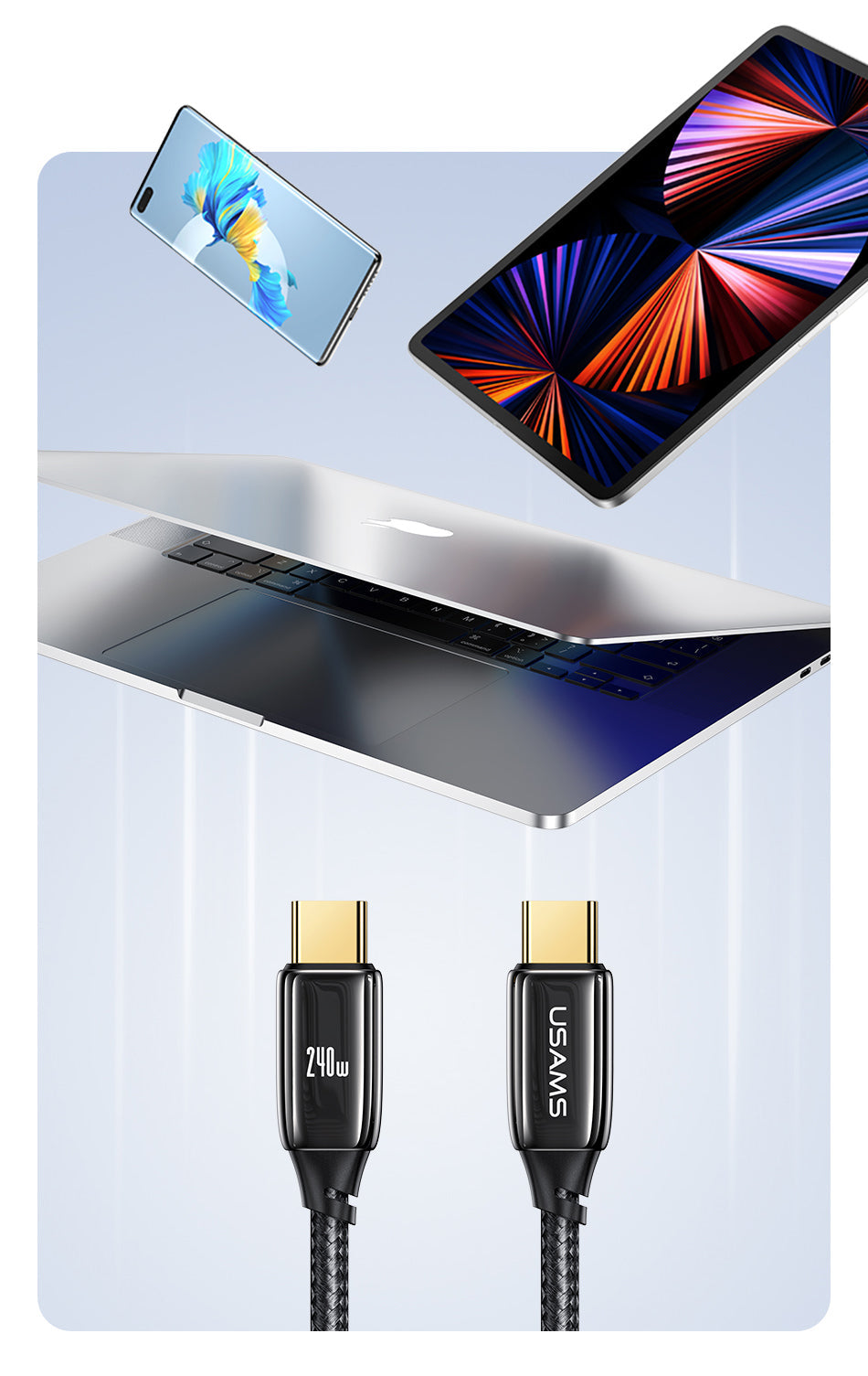 Cablu Incarcare & Date USB-C la USAMS U82 - 240W Power Delivery 3.1 5A Nylon Brodat - SJ580USB01 - 6958444901473 - 6