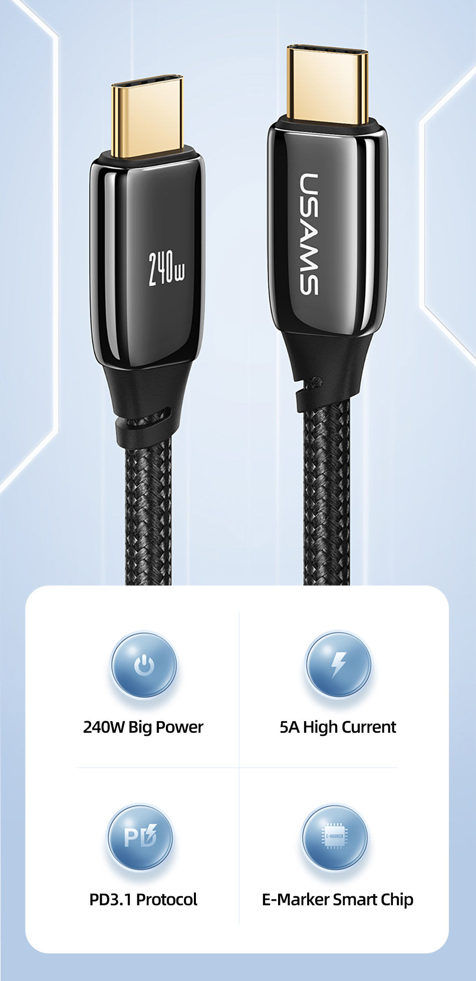 Cablu Incarcare & Date USB-C la USAMS U82 - 240W Power Delivery 3.1 5A Nylon Brodat - SJ580USB01 - 6958444901473 - 5