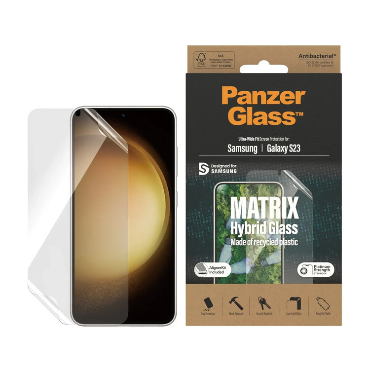 Folie Protectie Ecran PanzerGlass Matrix Hybrid pt. Samsung Galaxy S23 - Ultra Wide Fit Kit Montare Platinum Strength la Zgarieturi