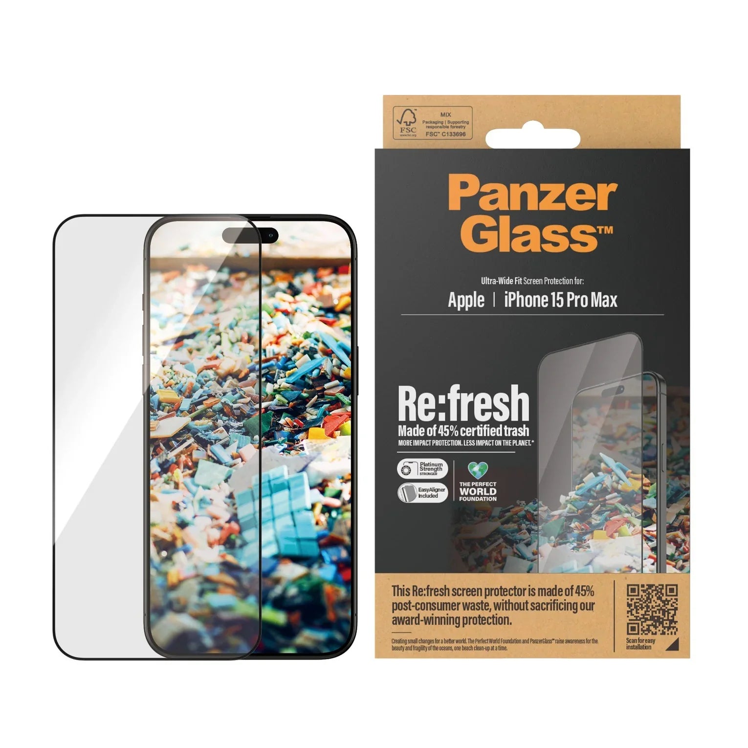 Folie Sticla Securizata Ecran PanzerGlass Re:fresh pt. iPhone 15 Pro Max - Ultra Wide Fit Kit Montare Platinum Strength Protectie