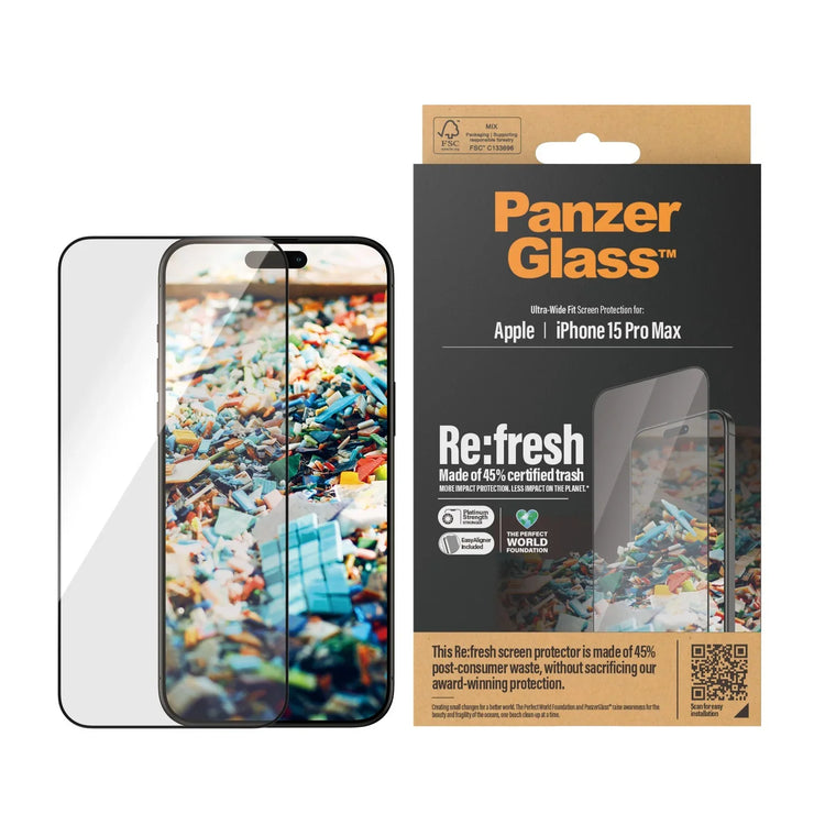 Folie Sticla Securizata Ecran PanzerGlass Re:fresh pt. iPhone 15 Pro Max - Ultra Wide Fit Kit Montare Platinum Strength Protectie