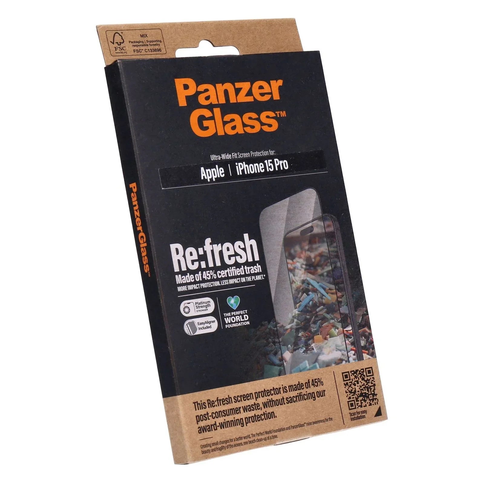 Folie Sticla Securizata Ecran PanzerGlass Re:fresh pt. iPhone 15 Pro - Ultra Wide Fit Kit Montare Platinum Strength Protectie la Zgarieturi