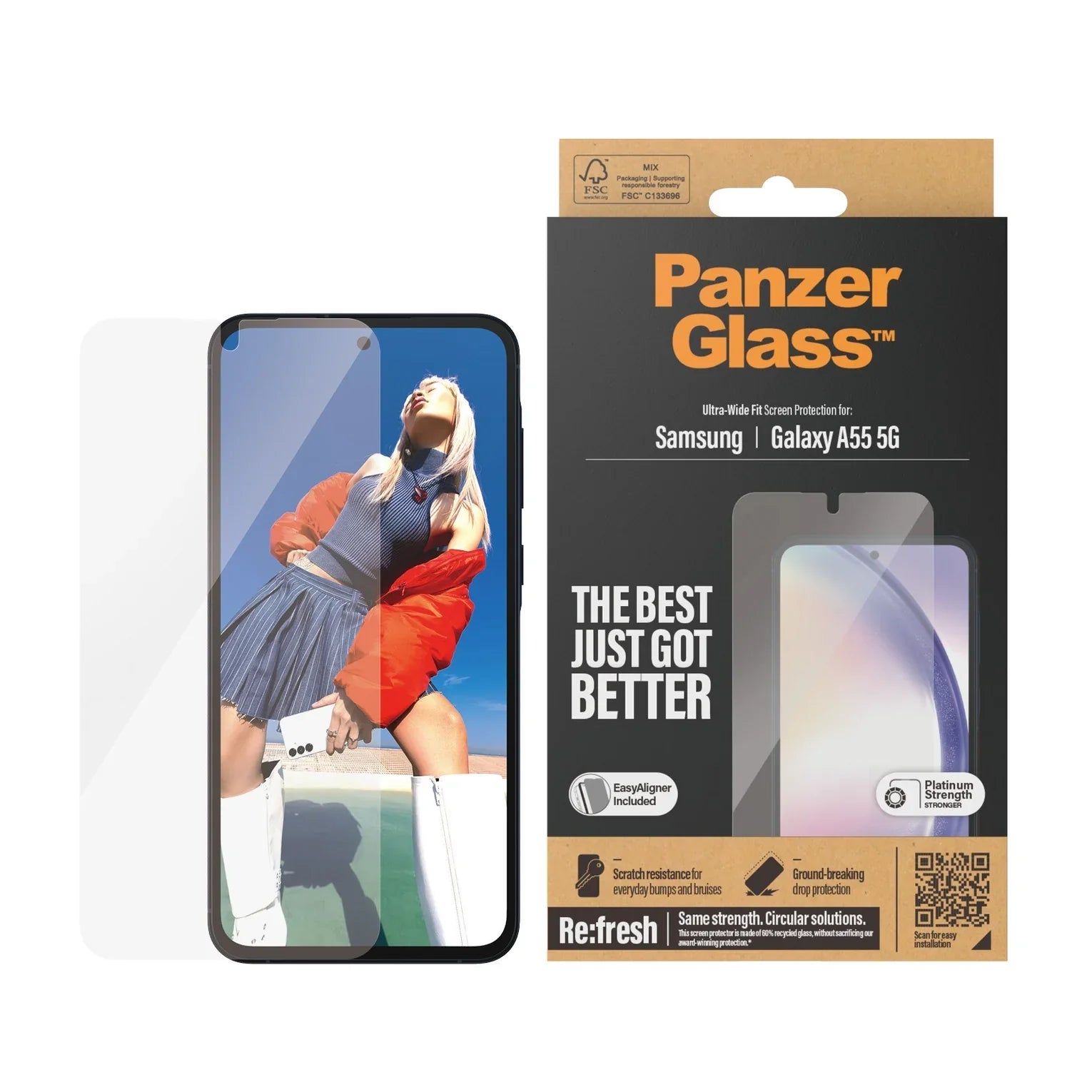 Folie Sticla Securizata Ecran PanzerGlass Re:fresh pt. Samsung Galaxy A55 - Ultra Wide Fit Kit Montare Platinum Strength Protectie