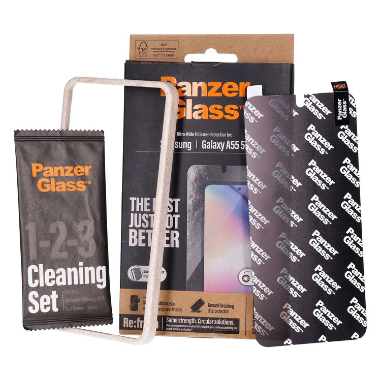 Folie Sticla Securizata Ecran PanzerGlass Re:fresh pt. Samsung Galaxy A55 - Ultra Wide Fit Kit Montare Platinum Strength Protectie