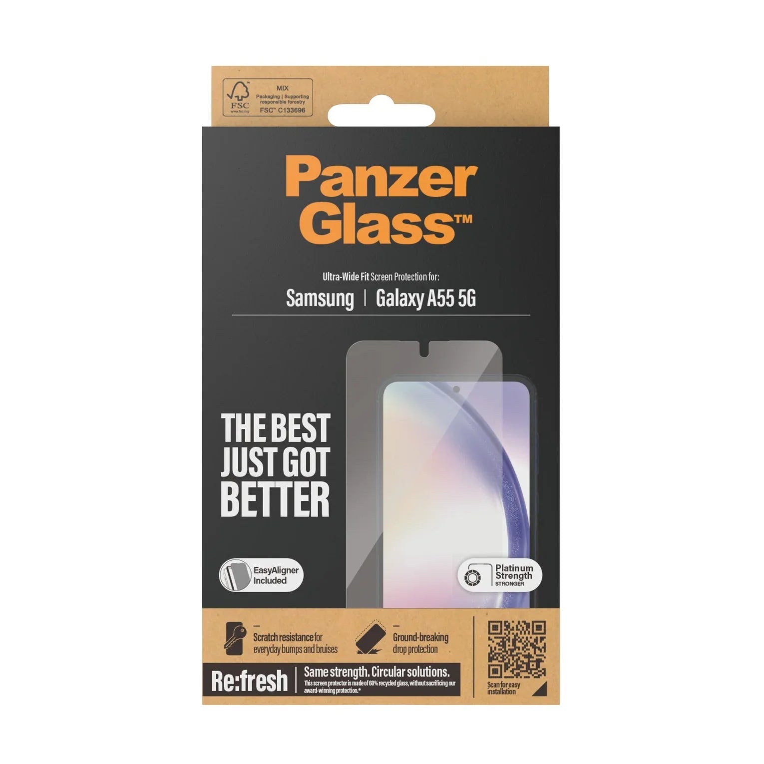 Folie Sticla Securizata Ecran PanzerGlass Re:fresh pt. Samsung Galaxy A55 - Ultra Wide Fit Kit Montare Platinum Strength Protectie