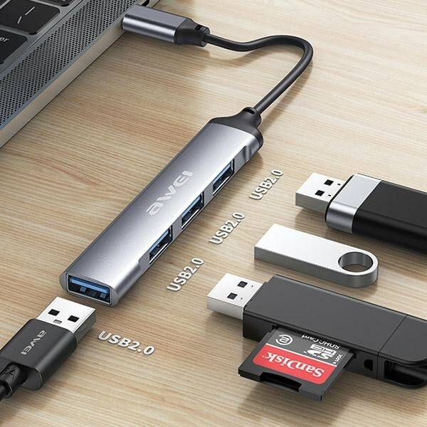 Hub USB-C Adaptor Awei CL-150T - 4 x USB - Black - 6954284098021 - 2