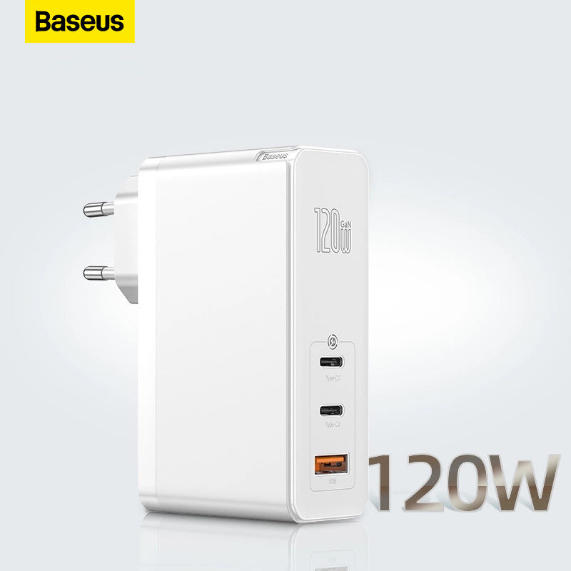 Incarcator Priza Baseus GaN + SiC 120 W - 2 x USB-C USB Quick Charge 3.0 Power Delivery Huawei SuperCharge Cablu - White - CCGAN-J02