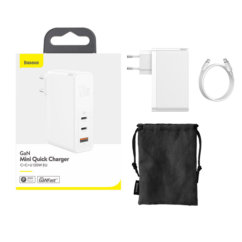 Incarcator Priza Baseus GaN + SiC 120 W - 2 x USB-C USB Quick Charge 3.0 Power Delivery Huawei SuperCharge Cablu - White - CCGAN-J02