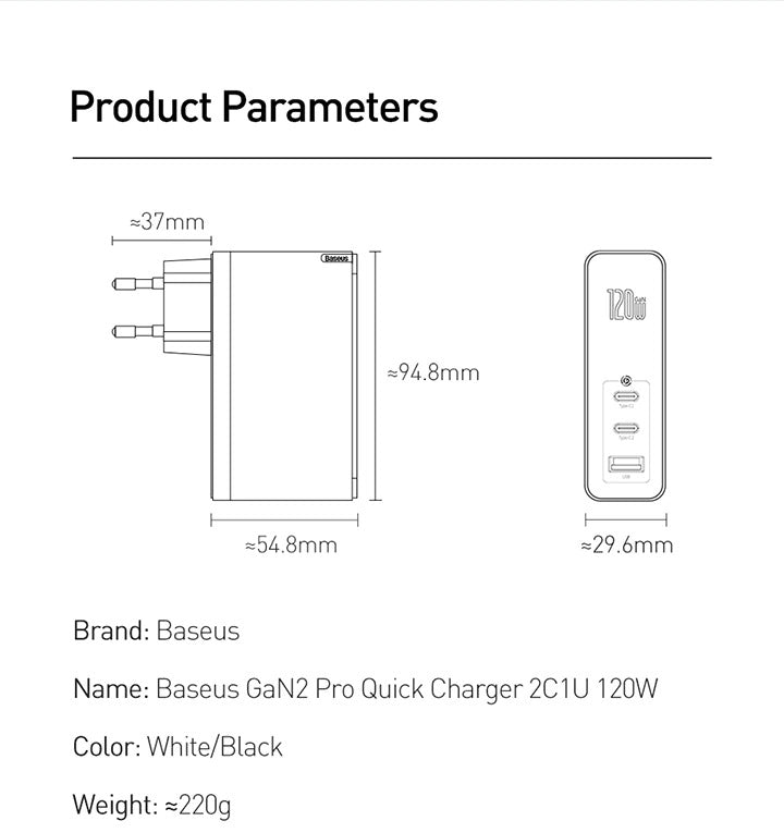 Incarcator Priza Baseus GaN + SiC 120 W - 2 x USB-C USB Quick Charge 3.0 Power Delivery Huawei SuperCharge Cablu - White - CCGAN-J02