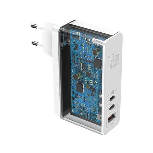 Incarcator Priza Baseus GaN + SiC 120 W - 2 x USB-C USB Quick Charge 3.0 Power Delivery Huawei SuperCharge Cablu - White - CCGAN-J02