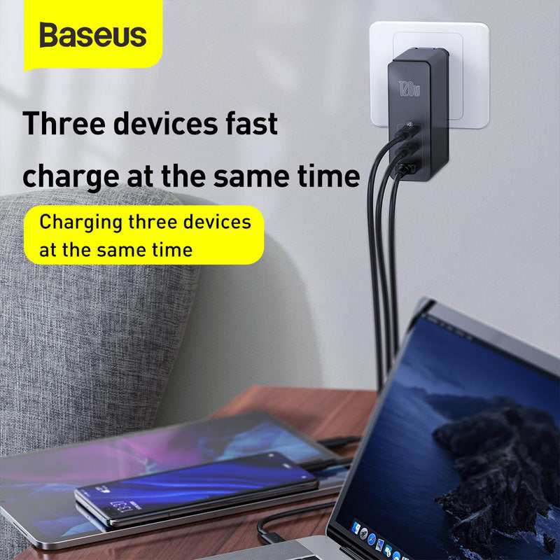 Incarcator Priza Baseus GaN + SiC 120 W - 2 x USB-C USB Quick Charge 3.0 Power Delivery Huawei SuperCharge Cablu - White - CCGAN-J02