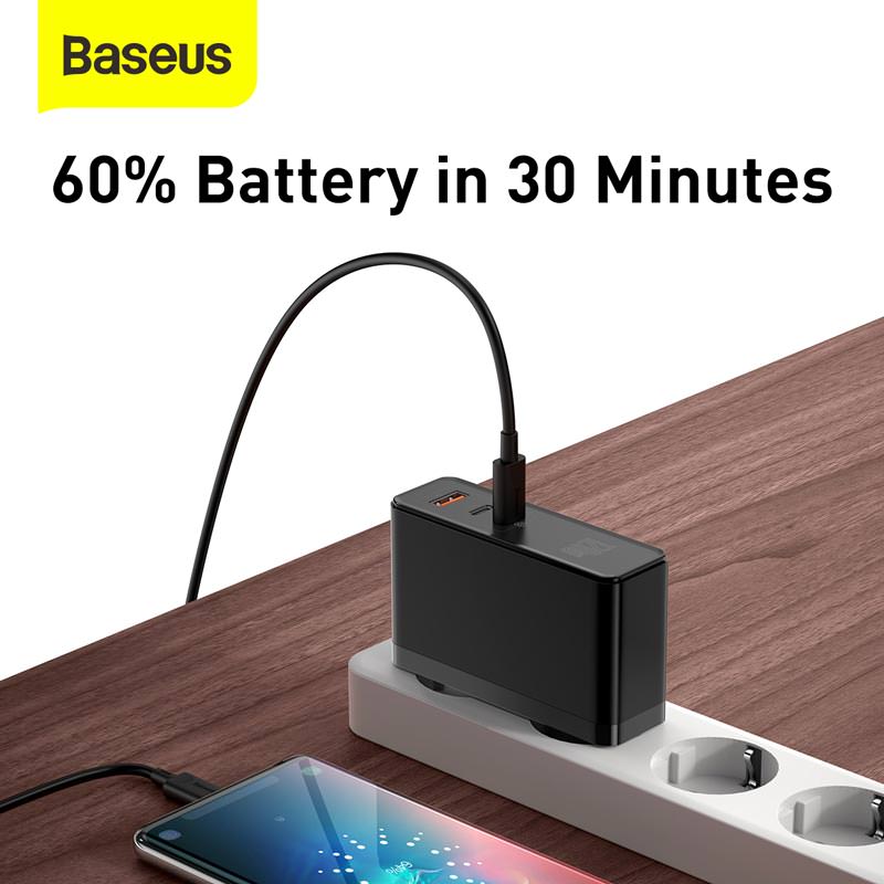 Incarcator Priza Baseus GaN + SiC 120 W - 2 x USB-C USB Quick Charge 3.0 Power Delivery Huawei SuperCharge Cablu - White - CCGAN-J02