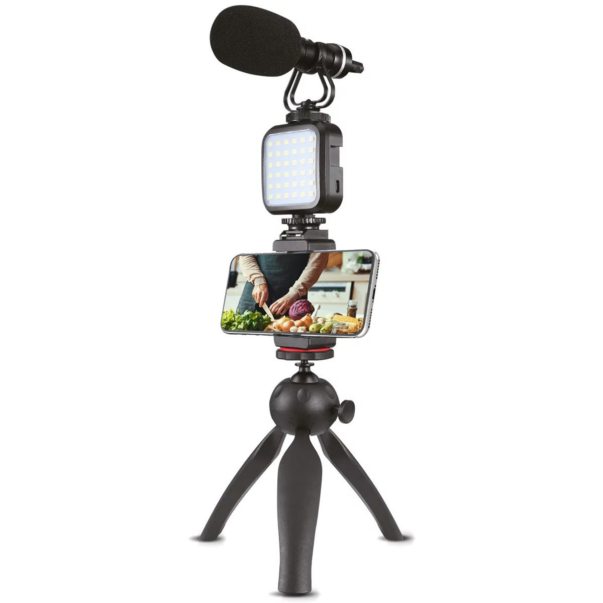 Kit Live Streaming Xqisit - Trepied 360° LED Suport Smartphone 55 - 85 mm Microfon HD - 44086 - 4029948200224 - 2