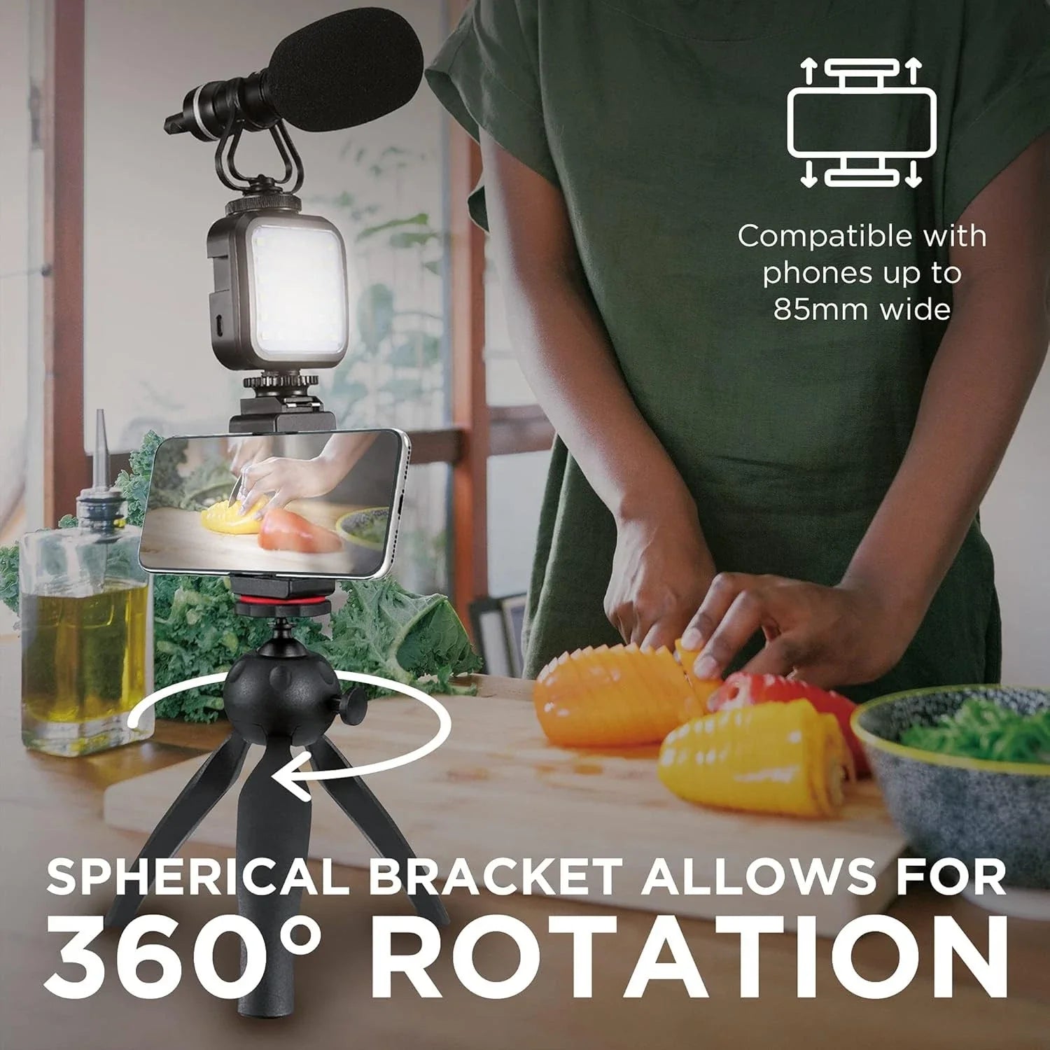 Kit Live Streaming Xqisit - Trepied 360° LED Suport Smartphone 55 - 85 mm Microfon HD - 44086 - 4029948200224 - 5