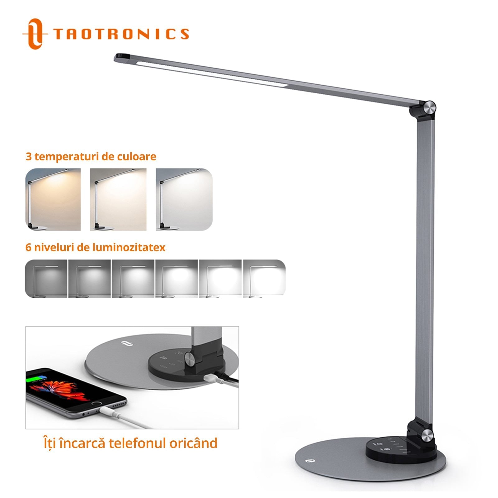Lampa de Birou LED TaoTronics TT-DL22 - 10W 550 lm 3 Moduri & 6 Niveluri Luminozitate Aluminiu Protectie Ochi Control Touch - 78-17022-201