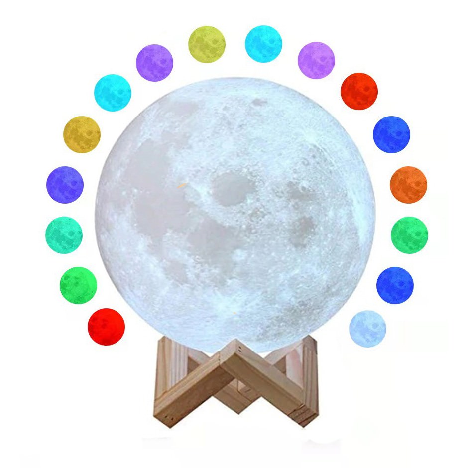Lampa de veghe LED Luna 3D Moon Light Multicolor 12 cm Baterie Reincarcabila Stand din Lemn Schimbarea Culorilor prin Atingere - 104642 - 1