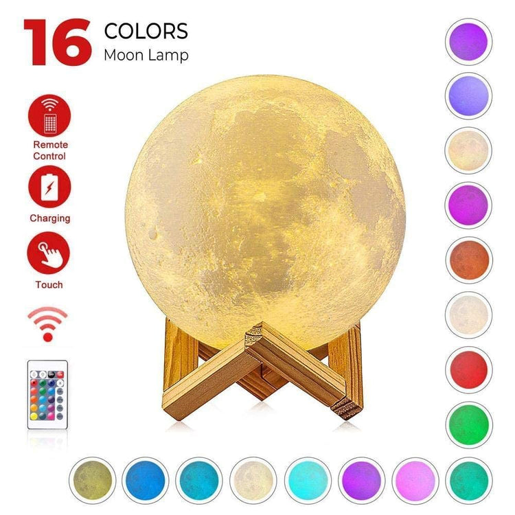 Lampa de veghe LED Luna 3D Moon Light Multicolor 13 cm Baterie Reincarcabila Telecomanda Stand din Lemn Schimbarea Culorilor prin Atingere