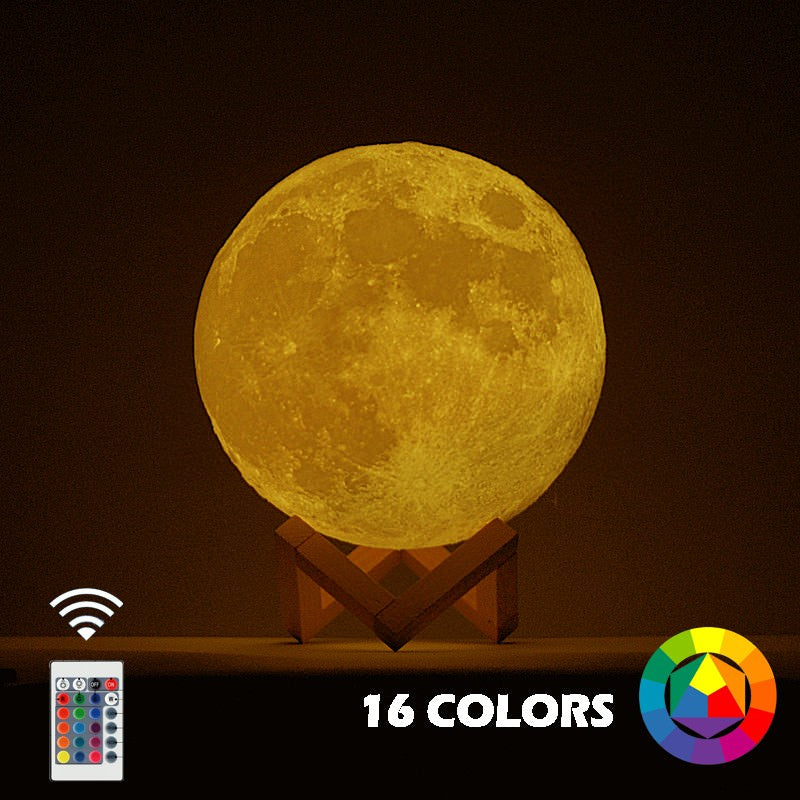 Lampa de veghe LED Luna 3D Moon Light Multicolor 13 cm Baterie Reincarcabila Telecomanda Stand din Lemn Schimbarea Culorilor prin Atingere