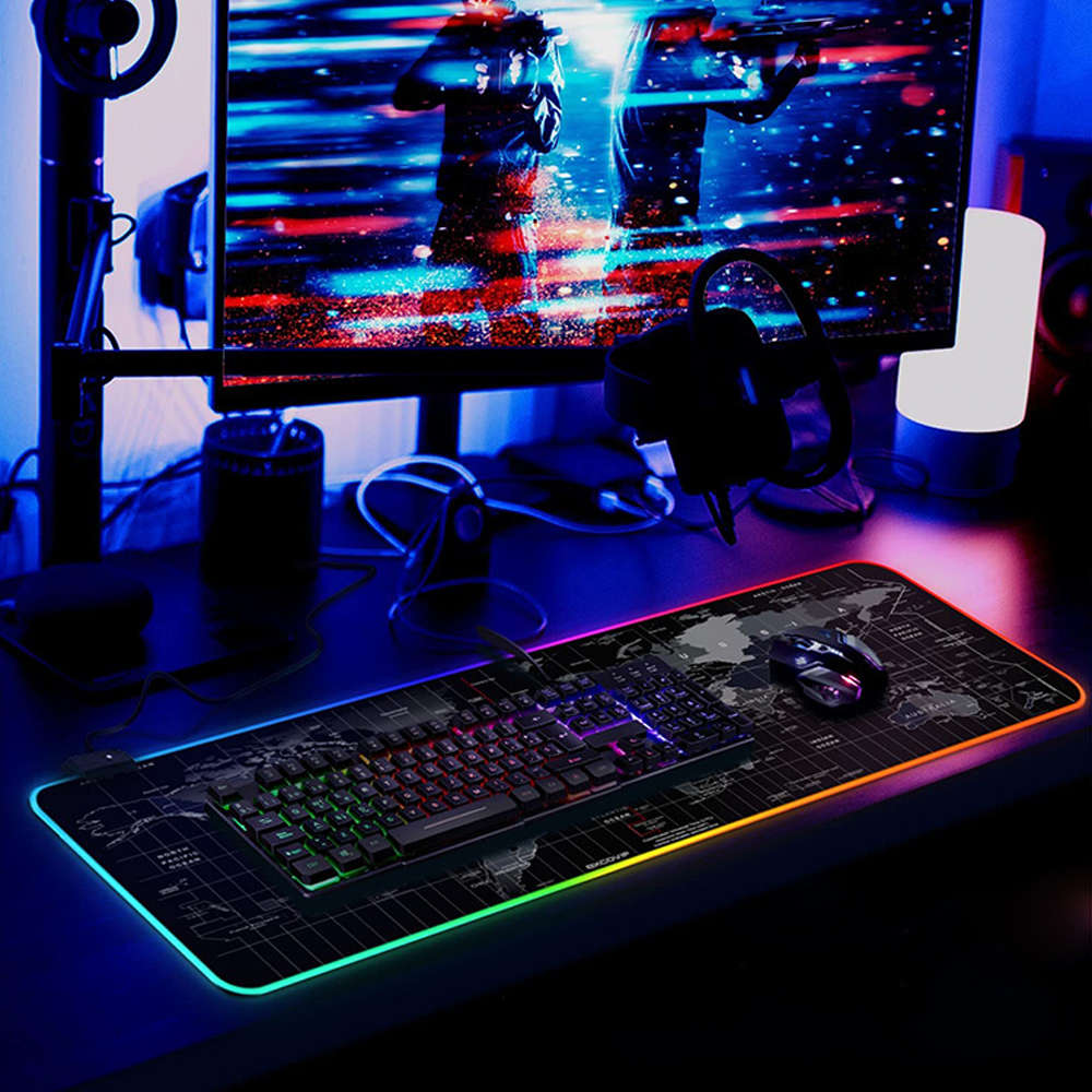Mouse Pad RGB XXL 80x30 cm Harta Lumii - Antiderapant Impermeabil 7 Culori 12 Moduri Lumini Ajustare Luminozitate Memorie Setare Lumina
