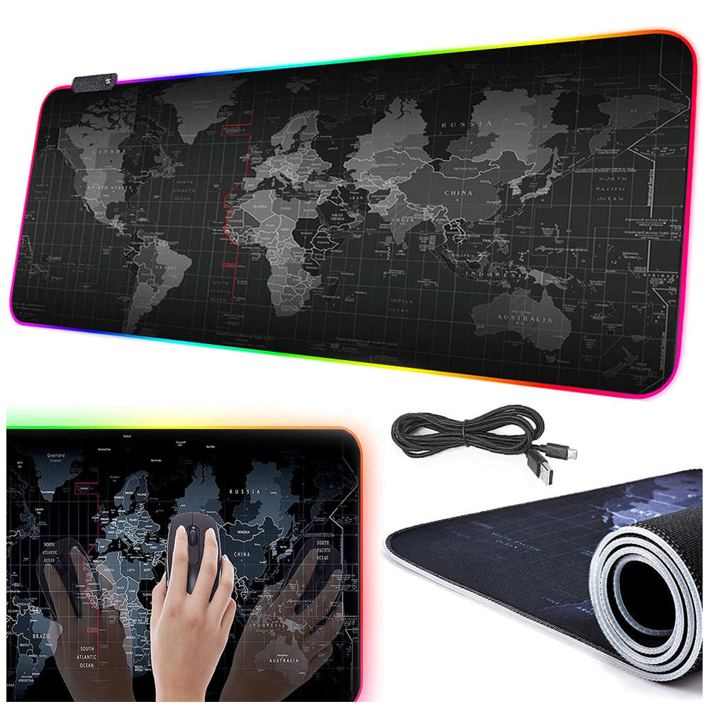 Mouse Pad RGB XXL 80x30 cm Harta Lumii - Antiderapant Impermeabil 7 Culori 12 Moduri Lumini Ajustare Luminozitate Memorie Setare Lumina