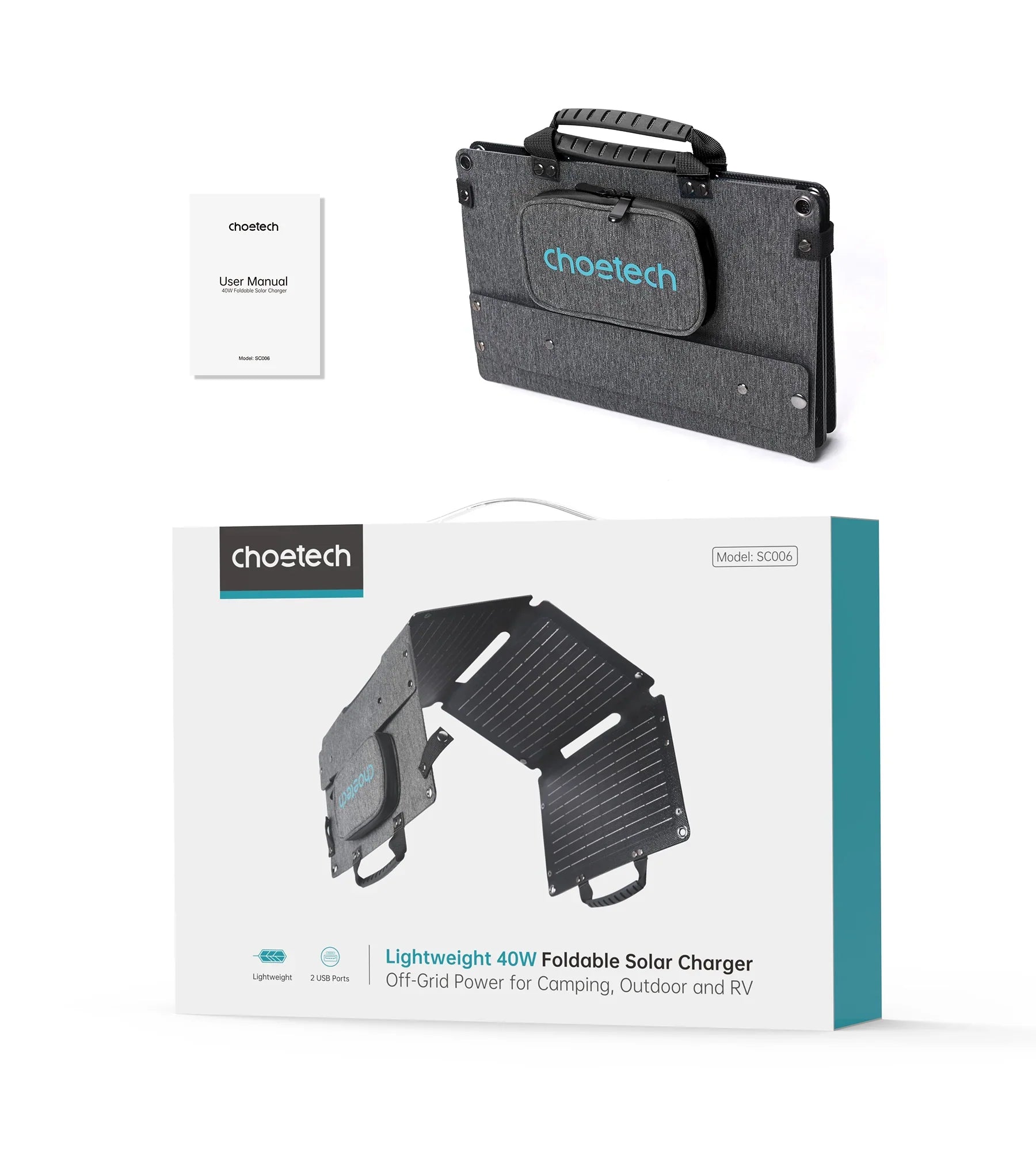 Panou Solar Portabil Choetech SC006-GY - 40 W 1 x USB QC 3.0 USB-C PD Pliabil Impermeabil - 6932112106506 - 6